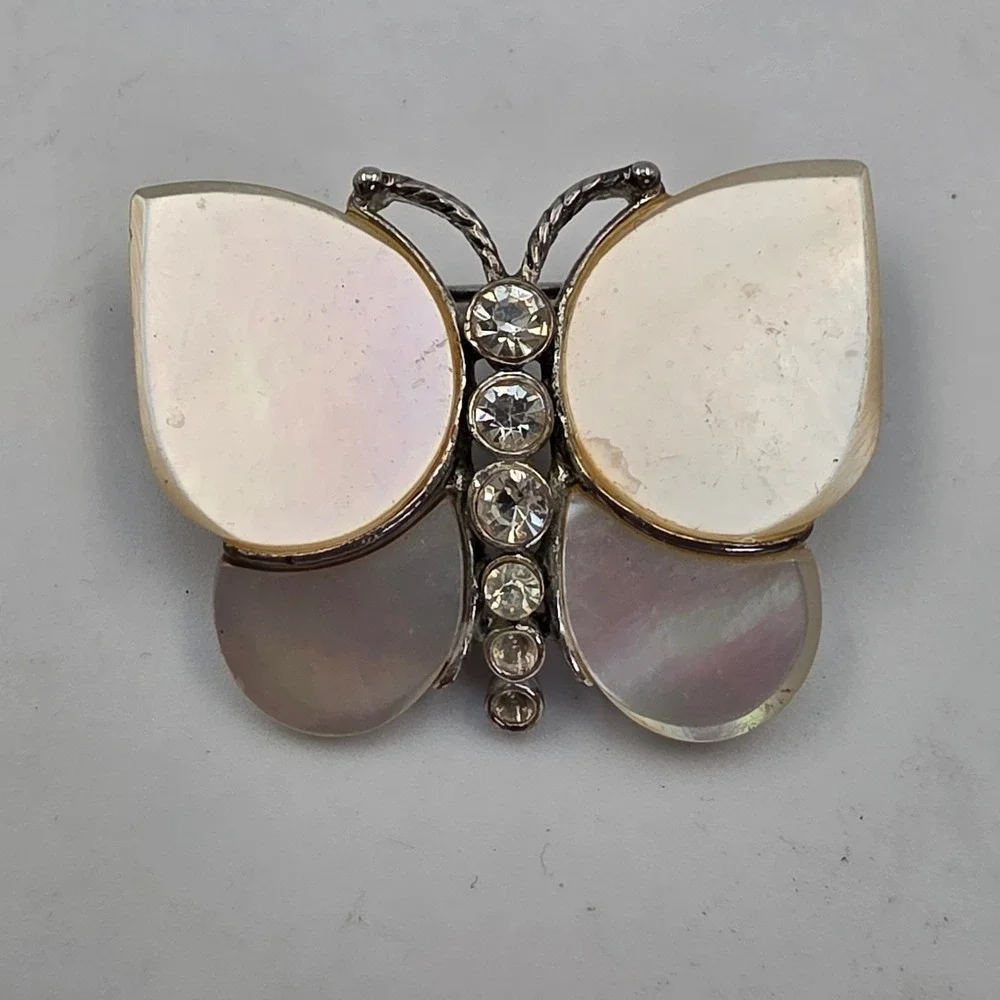 Monet Butterfly Brooch Mother of Pearl Rhinestone Silver Tone Vintage Pin